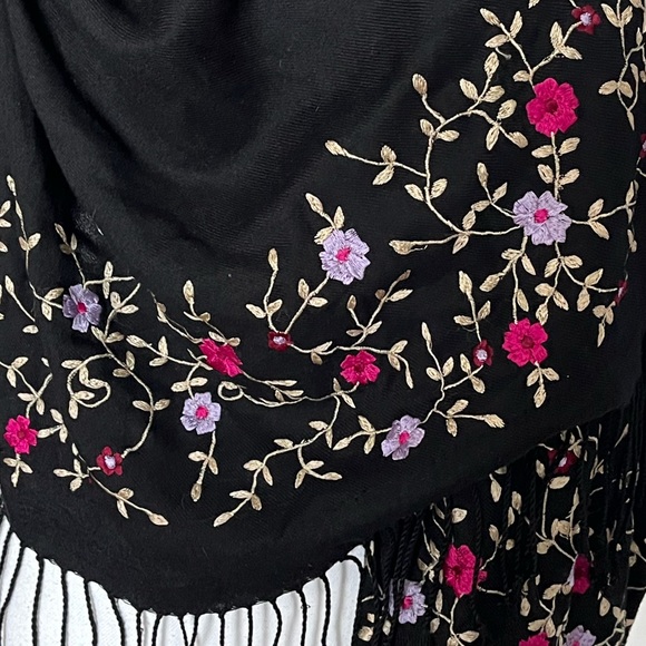 Long Scarf Embroidered Floral Shawl Wrap Black Pink Purple Tan Fringe - Picture 5 of 9